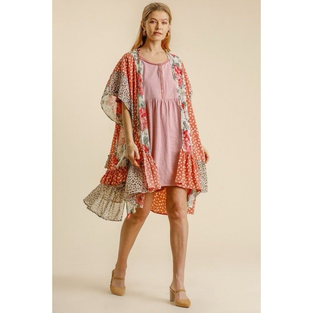 Umgee Mixed Print Floral Leopard Boho Kimono Duster Small Medium Cardigan Flowy
